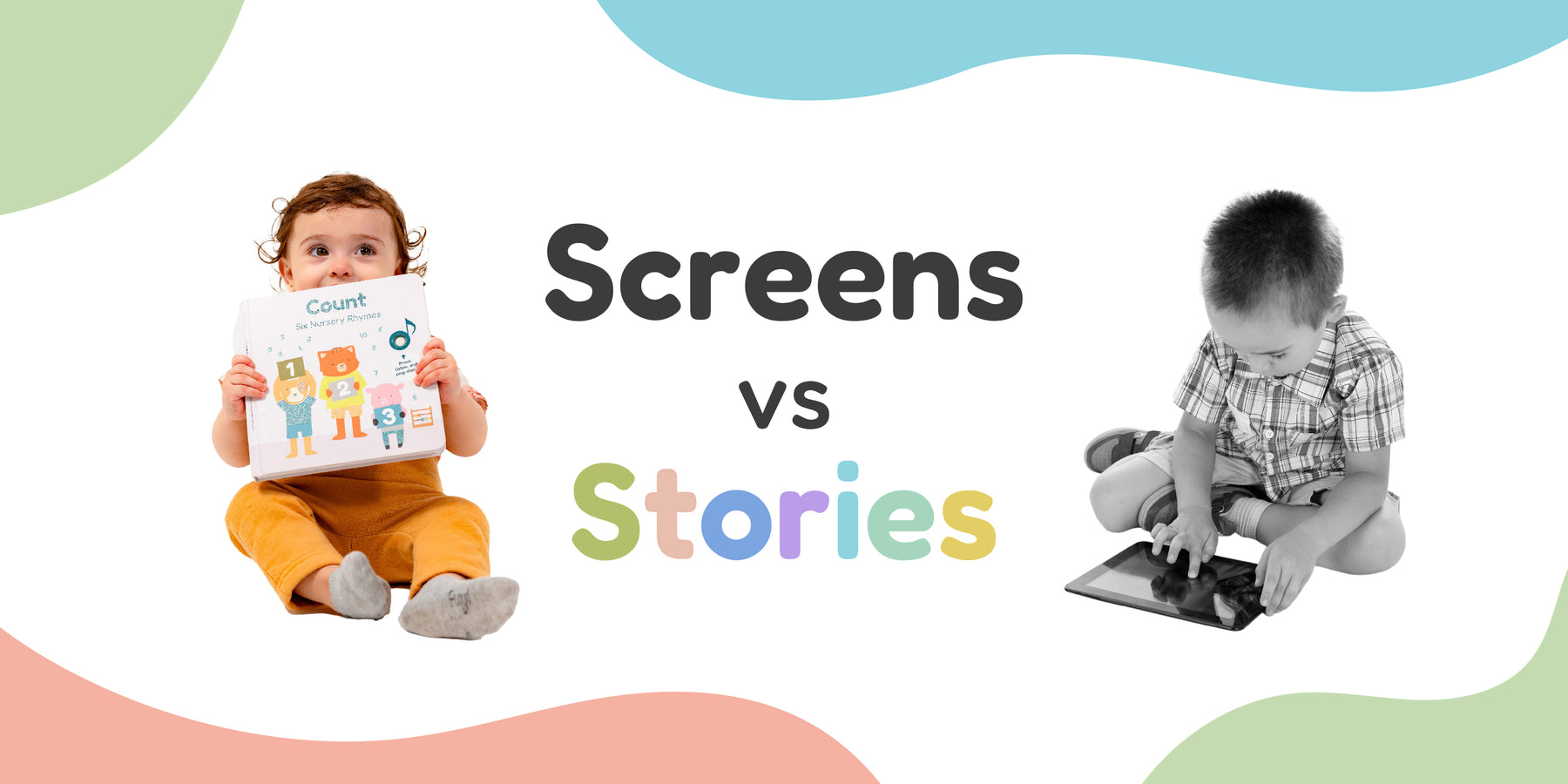 Two small children are sitting on the floor, a girl is holding a book and boy is playing on an ipad. screentime, kids activities, fun, educational.